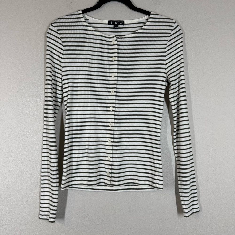 J. Crew Fine Rib Knit Cardigan Sweater Alexa Stripe Ivory Olive Button Up Small